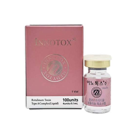 Innotox 100unit botulinum toxin vial alongside original pink packaging box